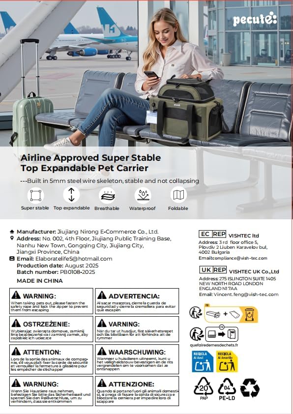 Pecute Expandable Pet Carrier Airline Approved Dog Cat Carrier, Breathable Soft-Sided with Locking Zippers, Pet Travel Bag for Small Dog Cat Anti-Scratch Mesh Leakproof Pee Pad (Dark Gray)