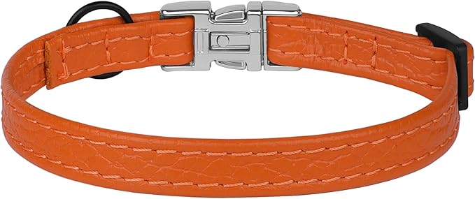 Leather Cat Collar with Buckle and Removable Bell - Non Breakaway Adjustable Soft Safety Small Pet Collars for Girl Boy Cats Kitten (Orange)