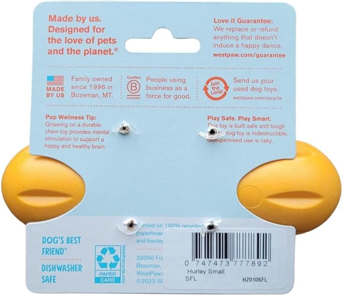 WEST PAW Hurley Dog Bone Chew Toy for Tough Chewers- Safe and Durable Fetch and Chew Toy for Dogs- Dishwasher Safe, Lightweight, Floatable, Made in USA - for Small Dogs - Sunflower Yellow, Small