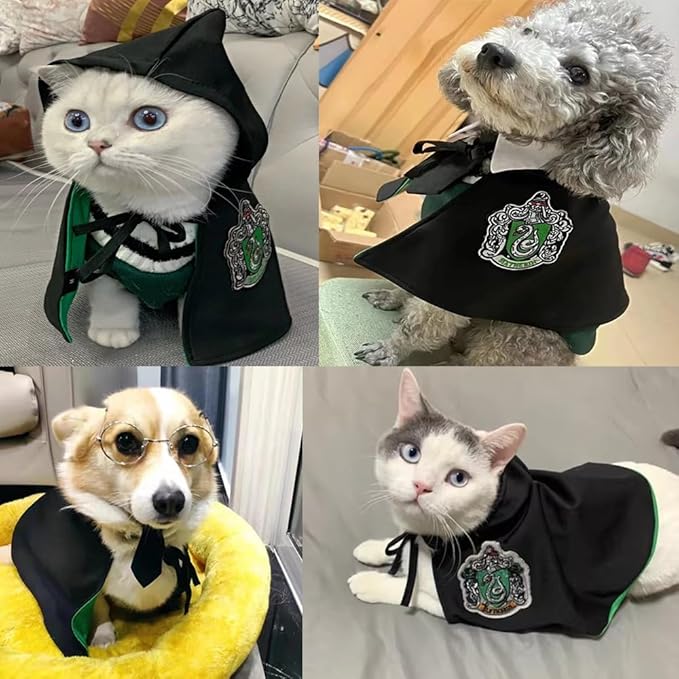ANIAC 3PCS Halloween Dog Costume Cat Wizard Cape Glasses and Necktie Set Halloween Puppy Outfit Pet Academy Magician Cosplay Apparel for Kitten Cat Small Dogs (Black+Green, Large)
