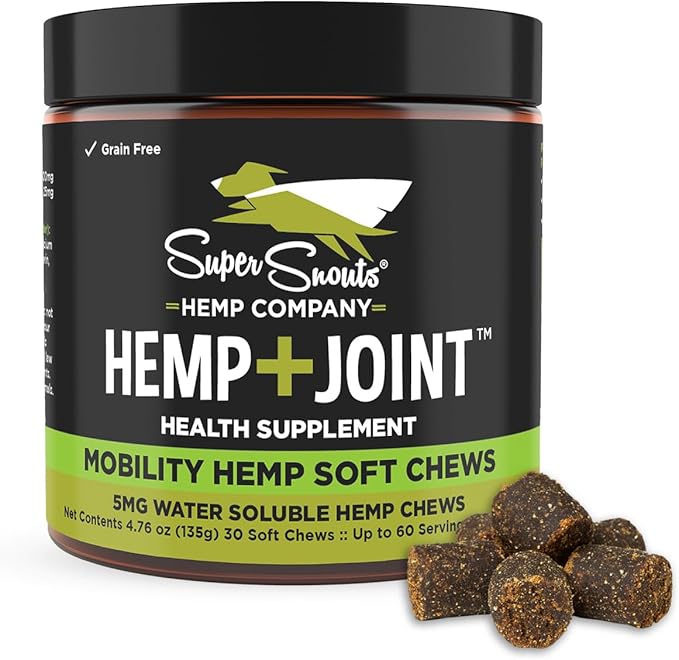 Super Snouts Hemp & Joint Chew for Dogs & Cats, 30 Chews (Up to 60 servings) – Made in USA Hip & Joint Supplement with Green Lipped Mussels, Hemp Helps Calms Joint Inflammation & Relief Joint Pain