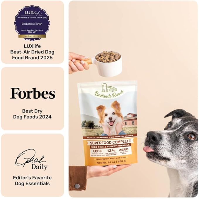 BADLANDS RANCH - Superfood Complete, Air-Dried Adult Dog Food - High Protein, Zero Fillers, Superfood Nutrition by Katherine Heigl (11.5 oz. Wild Fish and Turkey Formula)