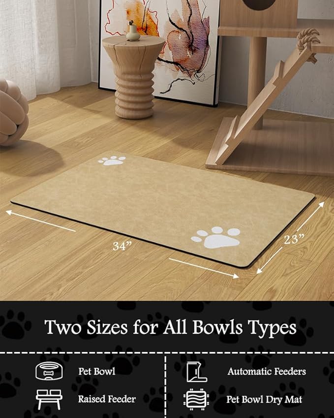 Pet Feeding Mat-Absorbent Dog Mat for Food and Water Bowl-No Stains Quick Dry Water Dispenser Mat-Dog Accessories Pet Supplies-Bowl for Messy Drinkers(Beige,23"x34"