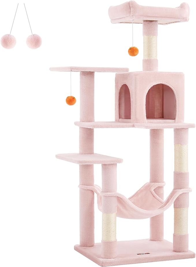 Feandrea Cat Tree, 56.3-Inch Cat Tower for Indoor Cats, Multi-Level Cat Condo with 4 Scratching Posts, 2 Perches, Hammock, Cave, Jelly Pink UPCT161P01