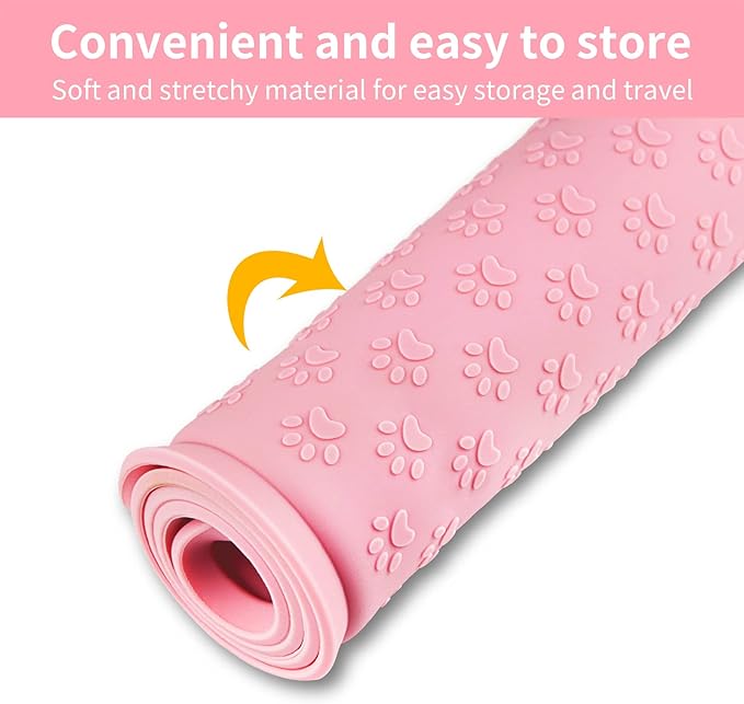 Ptlom Pet Placemat for Dog and Cat, Waterproof Non-Slip Silicone Feeding Bowl Mat Prevent Food and Water Overflow, Puppy Dish Feeder Fountain Trays Suitable for Medium and Small Pets, Pink