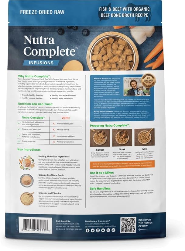 ULTIMATE PET NUTRITION Nutra Complete Bone Broth Infusions, 100% Freeze Dried Raw Veterinarian Formulated Dog Food with Antioxidants Prebiotics and Amino Acids, (3 Pound, Bone Broth Fish)