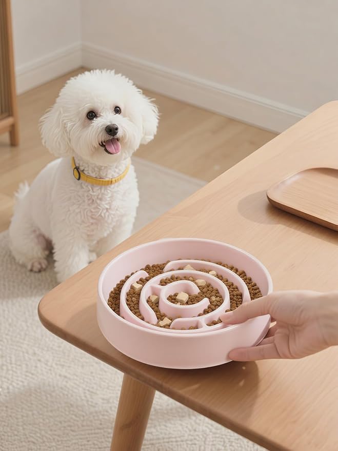 Ceramic Slow Feeder Dog Bowls with Anti-Slip, Slow Feeder & Non-Slip Design, Boredom and Anxiety Reducer, Suitable for All Breed Dogs and Cat (Ceramic-Pink)