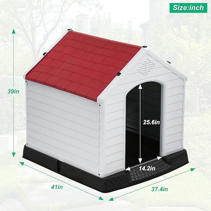 FDW Dog House Indoor Outdoor Durable Ventilate Waterproof Pet Plastic Dog House for Small Medium Large Dogs Insulated Puppy Shelter Kennel Crate with Air Vents and Elevated Floor