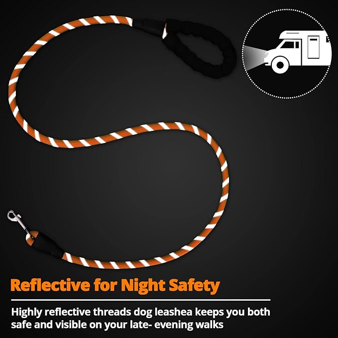 Rope Dog Leash 4 FT: Heavy Duty Leashes with Swivel Lockable Hook Reflective Threads Bungee and Padded Handle - Dog Lead for Large Small Medium Dogs Outside Walking Hiking Orange