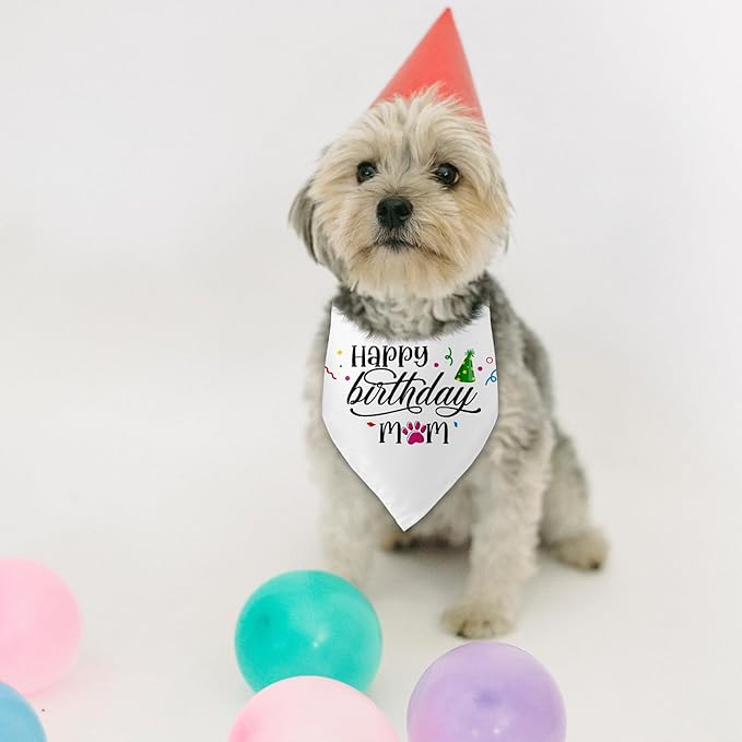 Happy Birthday Mom White Dog Bandana Pet Scarf Accessories Funny Cute Puppy Bandana Birthday Party Accessorie Gifts for Dog Mom Lovers