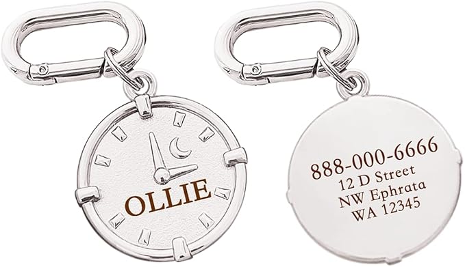 Dogs ID Tags Personalized Double Sided Deep Engraved Cat & Dog Collar Charm Round Shape Frosting Process Silver/Gold Plated (Clock-Gold)