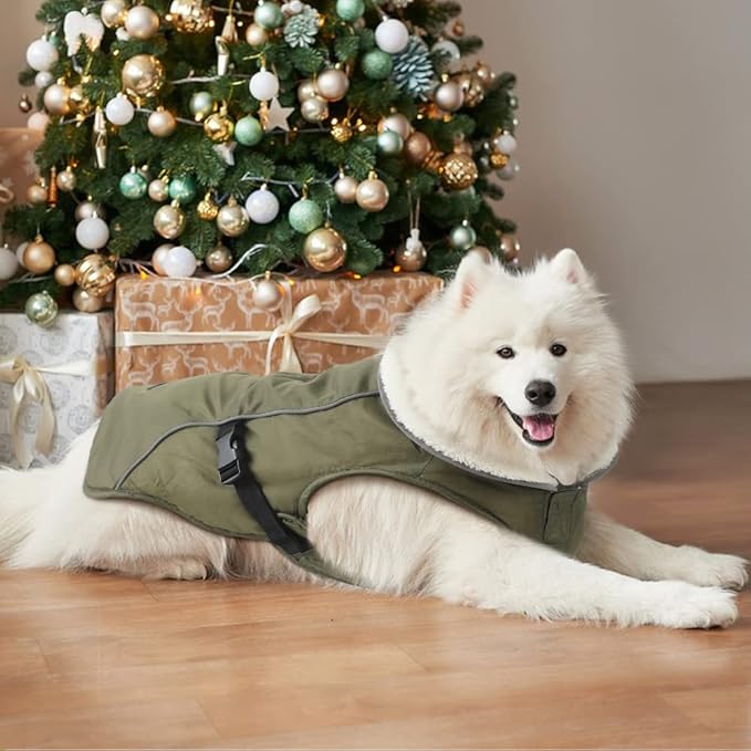 EMUST Winter Dog Jacket, Windproof Dog Apparel for Cold Weather, Reflective Coats for Dogs, Warm Puppy Jacket for Cold Winter, Green, S