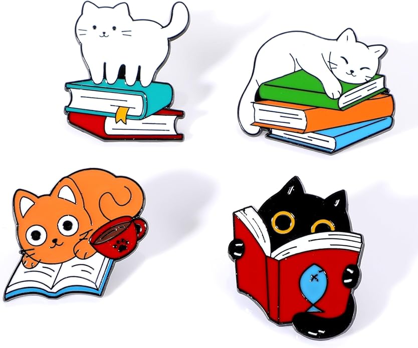 7 Pcs Enamel Pin Funny Reading Animal Brooch Alloy Cute Cartoon Lapel Pins Cat Clip Decoration Badges for Backpacks Clothes Jackets Bags Hat