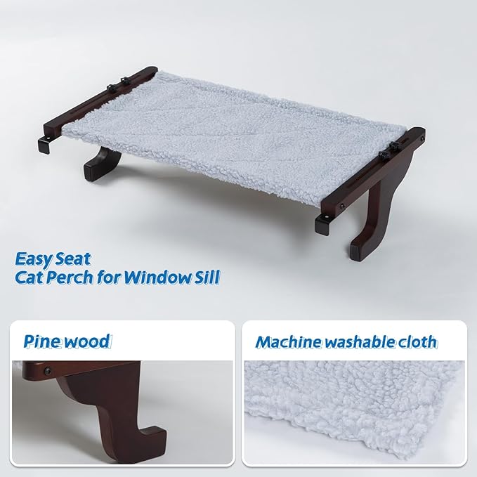Zakkart 2PC Easy Seat Cat Perch for Window Sill - Hammock Design w/Pine Wood & Robust Metal Frame - Cat Window Seat for Large Cats and Kittens (Dark Stained Wood w/Gray Bed, Large (26''W x 14''D)