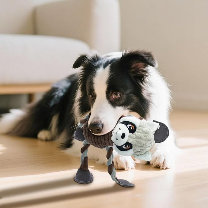 Squeaky Dog Toys, Tug of War Plush Toys with 5 Squeakers, Stuffed Dog Toys to Keep Them Busy, Chew Toys with Crinkle Paper for Small & Large Breeds (Raccoon)