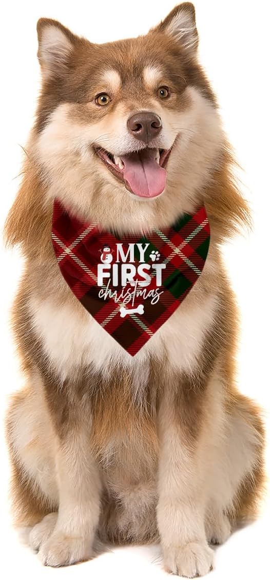 Dog Bandanas, Christmas Dog Bandanas, Red Plaid Dogs Bandana, My First Christmas Pet Triangle Scarf, Holiday Bandana for Small Medium Dogs