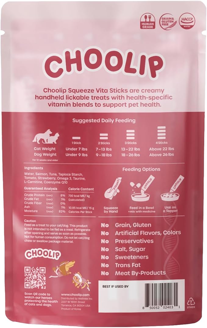 Choolip Squeeze Vita Stick Lickable Cat & Dog Treats – 14 Sticks (2×7 Value Bundle) Heart Support, Creamy Grain-Free Puree with Omega 3, Taurine, L-Carnitine & CoQ10 for Cardiovascular Health & Energy
