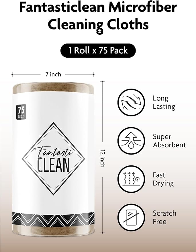 Fantasticlean Microfiber Cleaning Cloth Roll -75 Pack, Tear Away Microfiber Towels, 12" x 12", Reusable, Washable, Scratch Free, Ultra Absorbent for Car, Home Supplies (TAN)