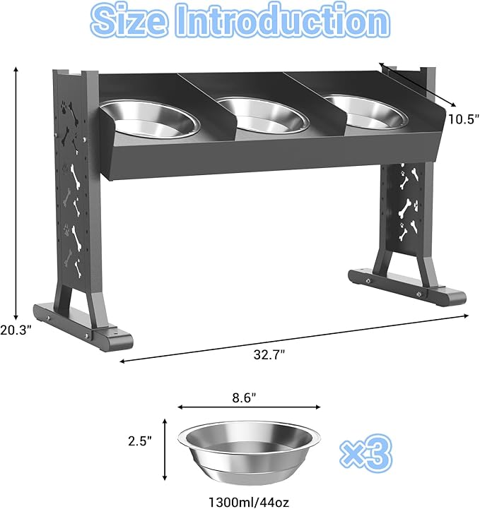 Triple Elevated Dog Bowls Stand for Multiple Dogs,8 Height Adjustable Tilted Raised Dog Bowl Stand with 3 Stainless Steel 1.3L(44oz) Bowls, 21.9" Tall Pet Feeding Station for Large Breed Dogs