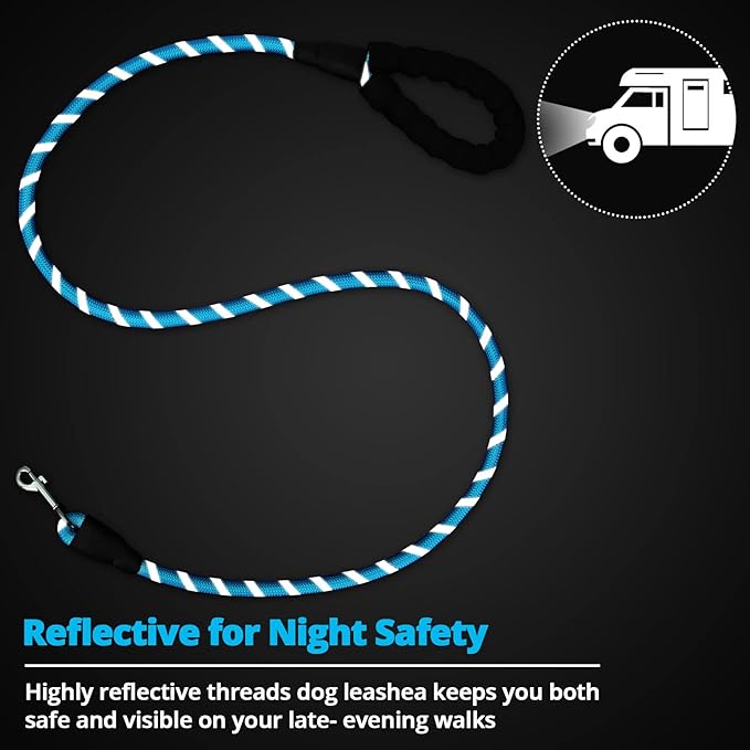 Rope Dog Leash 4 FT: Heavy Duty Leashes with Swivel Lockable Hook Reflective Threads Bungee and Padded Handle - Dog Lead for Large Small Medium Dogs Outside Walking Hiking Blue