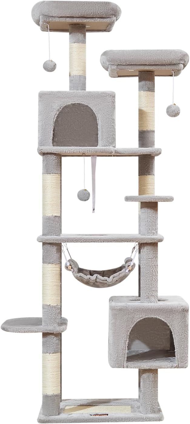 Taoqimiao Cat Tree, 68-Inch Cat Tree Cat Tower for Indoor Cats, Plush Multi-Level Cat Condo with 6 Scratching Posts, 2 Perches, 2 Caves,Hammock, 3 Pompoms,MS020SW Light Gray