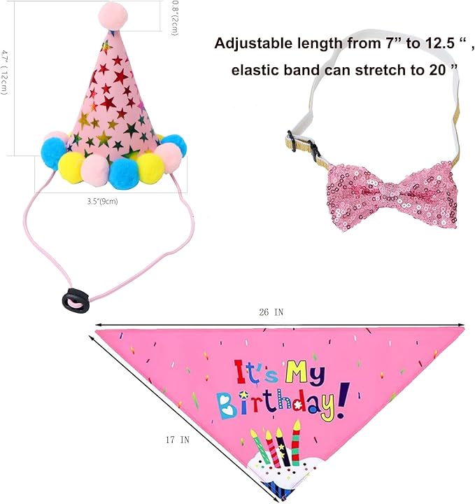 Dog Boy Birthday Party Outfits,Birthday Hat, Bow Tie, Bandana, Happy Birthday Banner,Puppy Pet Theme Decorations Suit for Girl Golden Doodle Teddy Husky Labrador (4PCS Pink)