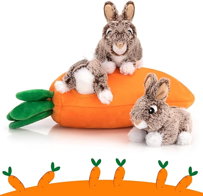 Hollypet Hide and Seek Squeaky Dog Toy, Designed Interactive Puzzle Plush Stuffed Puppy Toy, Rabbit and Carrot