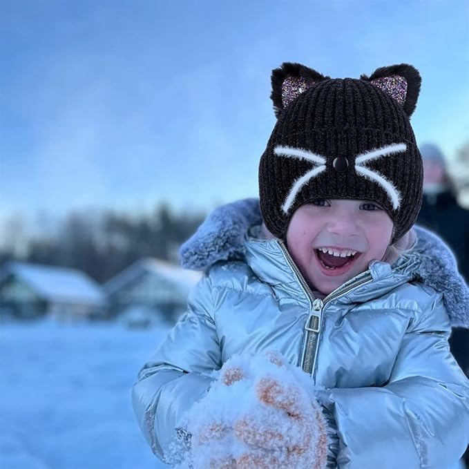 Kids Girls Cat Ear Hat Winter Warm Knit Beanie Cute Ski Skull Cap for Ages 7-12
