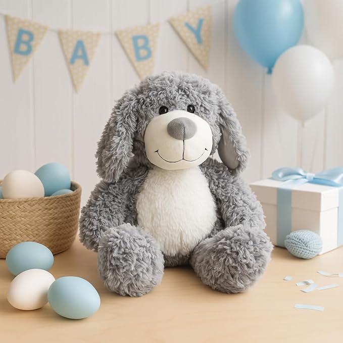 Smiling Gray Puppy Dog Stuffed Animal Plush Toys– Soft Shaggy Plush with Floppy Ears & White Belly, Cuddly Toy for Kids Boys Girls Birthday Nursery Bedtime Easter Gifts, 17.7 inches