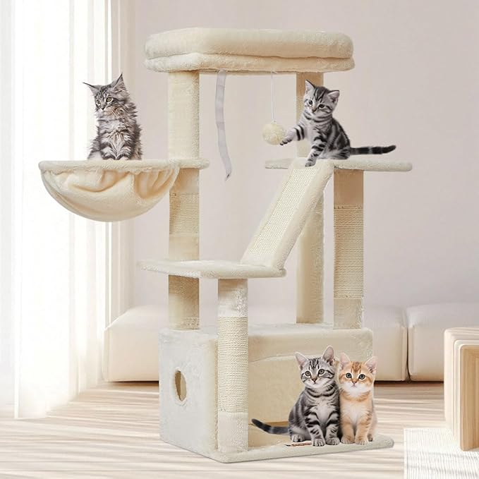 Taoqimiao Cat Tree,38.5-Inch Cat Tower for Indoor Cats,Suitable for Kittens with Luxurious cat condo with Adjustable Baskets and Luxurious Perch Beige MS029SM