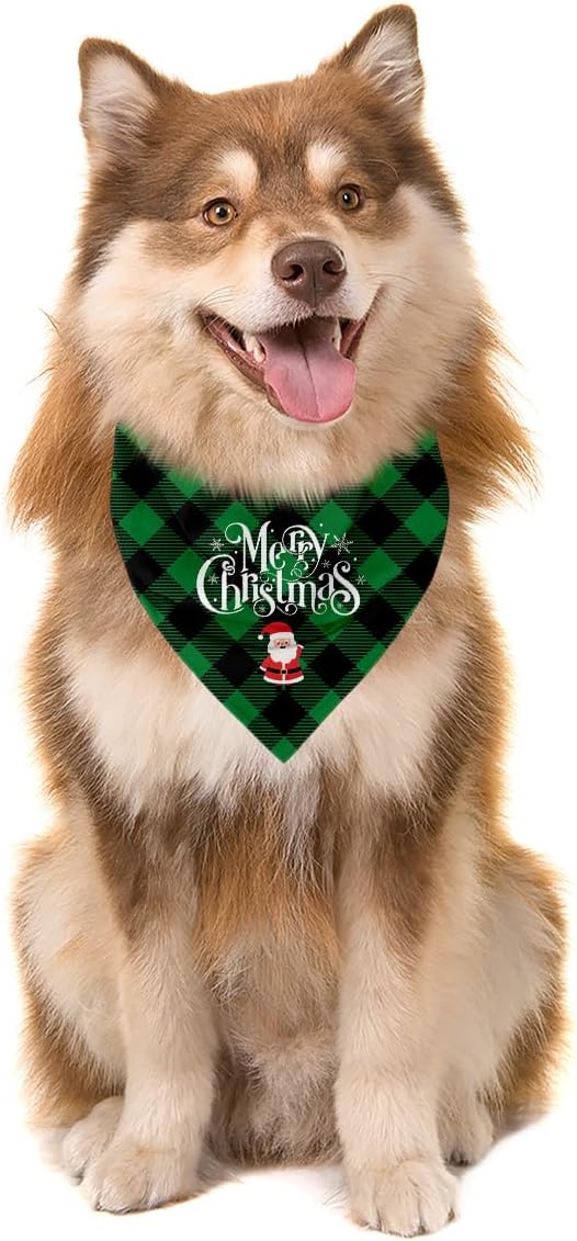 Dog Bandanas, Merry Christmas Dog Bandanas, Green and Black Plaid Decor Dogs Bandana, Holiday Bandana for Small Medium Dogs, Pet Triangle Scarf