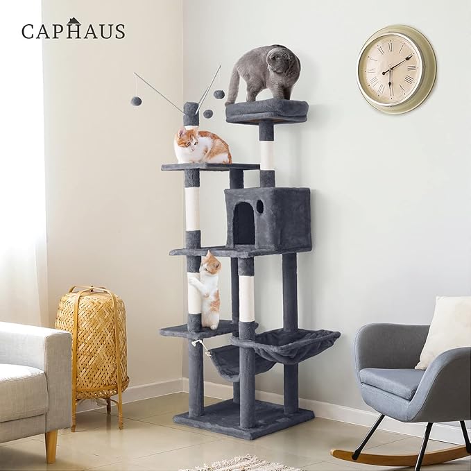 CAPHAUS 70-Inch Multi-Level Tall Cat Tree with Cute Top Perch, Scratching Posts, Cat Activity Tree w/Modern Hammock, Cat Cave Condo for Large Cats Kittens Tall Cat Climbing Play Tower