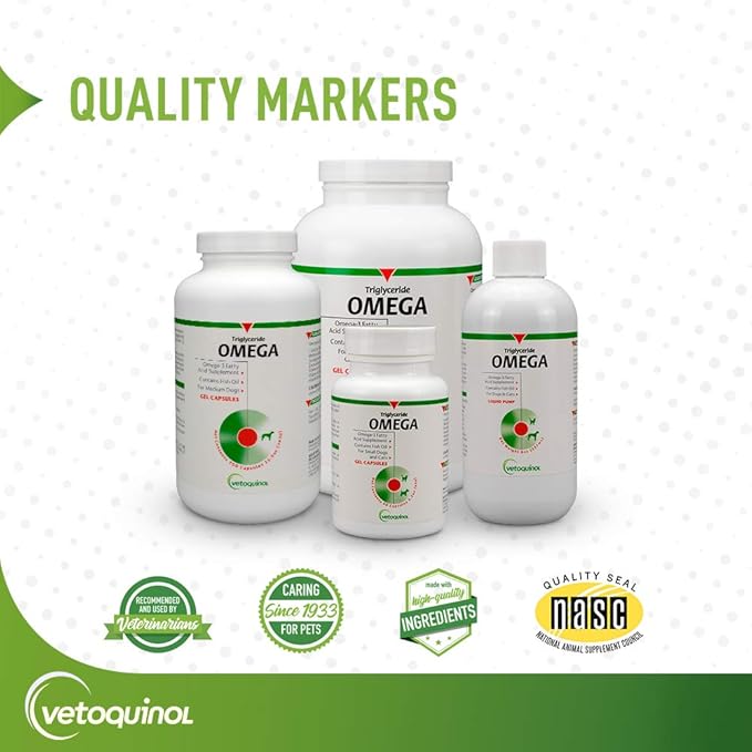 Vetoquinol Triglyceride Omega 3 Supplement for Dogs and Cats, Fish Oil Supplement with EPA and DHA, Promotes Skin, Coat, Joint, and Immune Health, Omega 3 Fish Oil for Dogs and Cats up to 30lbs, 60ct