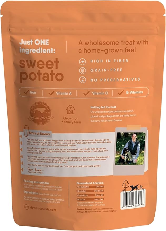 Davie's Sweet Potato Dog Treats - Healthy Dog Chews, Low Fat, Made in USA, 1 lb Bag - Pack of 5