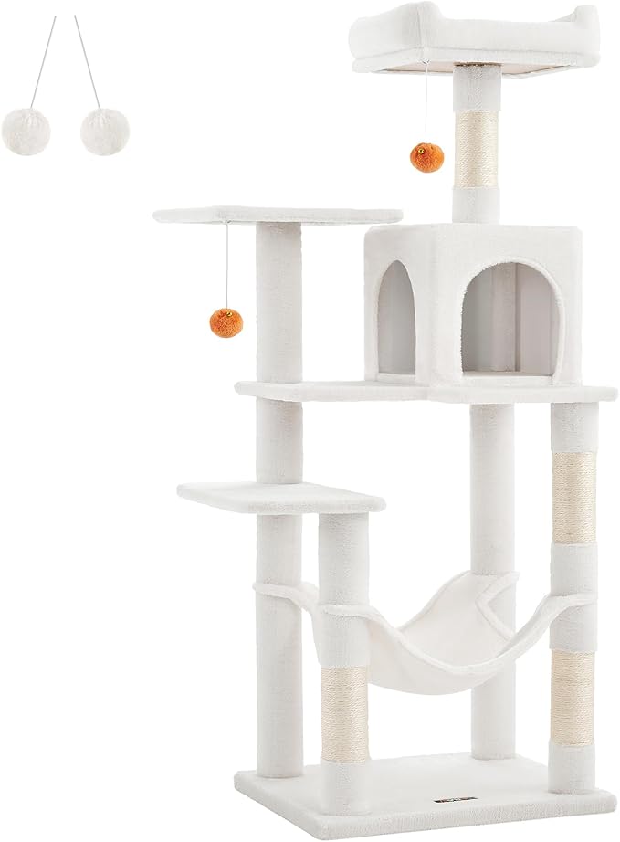 Feandrea Cat Tree, 56.3-Inch Cat Tower for Indoor Cats, Multi-Level Cat Condo with 4 Scratching Posts, 2 Perches, Hammock, Cave, Cream White UPCT161T01