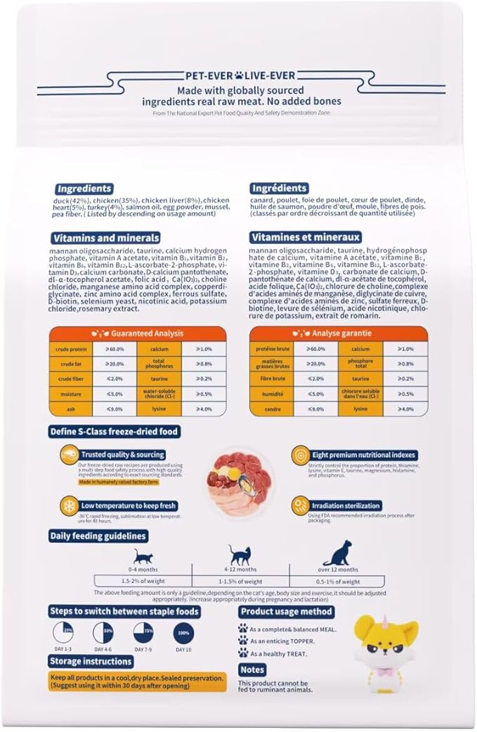Freeze-Dried Cat Food, 97% Animal Origin Soft Dry Food for Cats Kitten, High Protein Healthy Freeze Dried Cats Raw Treat & Topper (Chicken & Duck - 14 Ounce)