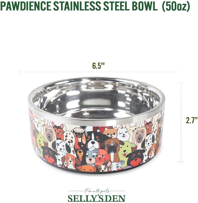 Selly's Den Pawdience Double Walled Stainless Steel Bowl Non-Slip, Durable, Rust Resistant Pet Food & Water Dish, BPA Free Rubber Base, Comes in Two Sizes - 50 oz and 85 oz (50 Oz - Medium)