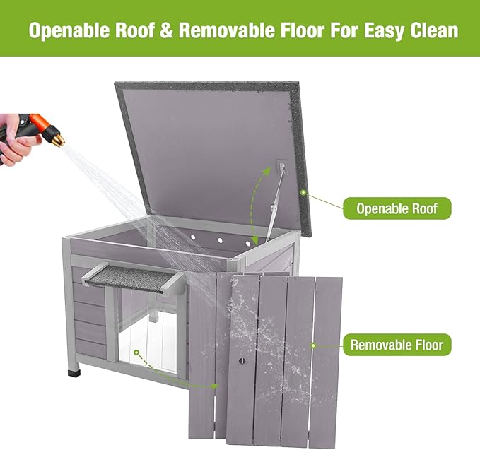 Outdoor Feral Cat House Weatherproof, Small Wooden Rabbit Hutch Bunny Cage Indoor-PVC Door Flaps