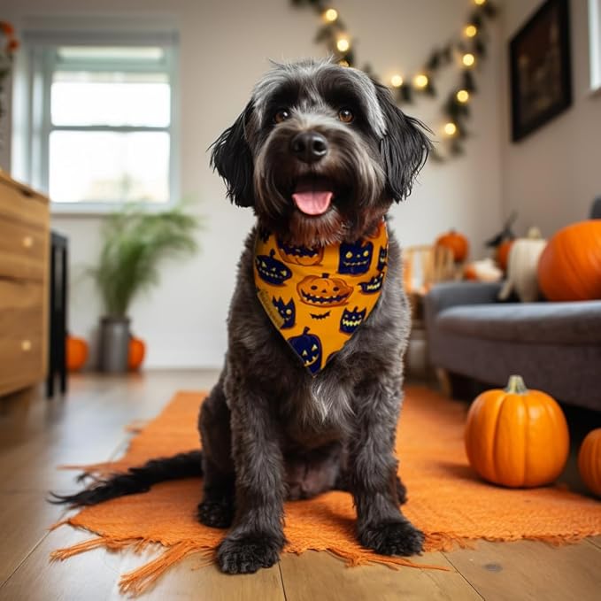 Halloween Dog Bandanas 2 Pack 4 Pattern Bat Pumpkin Pattern Bibs Reversible Washable Durable Fall Scarf Suitable for Small to X- Large Breed Dog Boy and Girl (X-Large)