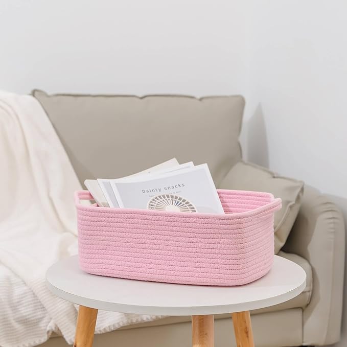 CubesLand Cube Storage Organizer Basket Bin, Cube Shelf Shelves Cotton Rope Basket, Durable Woven Rectangular Basket for Organizing, Nursery Toys Basket, 14x10x7.08IN Pink Basket
