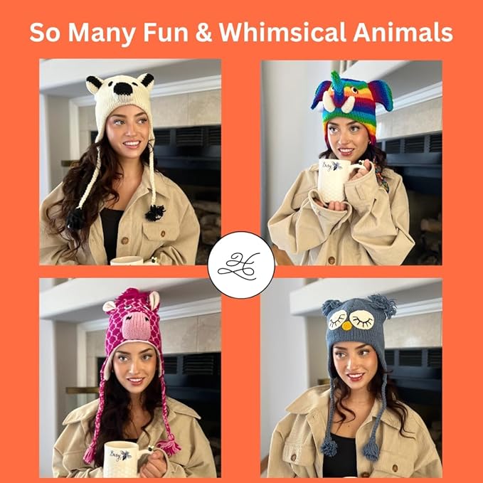 Humble Hilo Hand-Knitted Wool Animal Beanie - Easy Halloween Costume Hat for Anyone, Cute Winter Beanie Hats