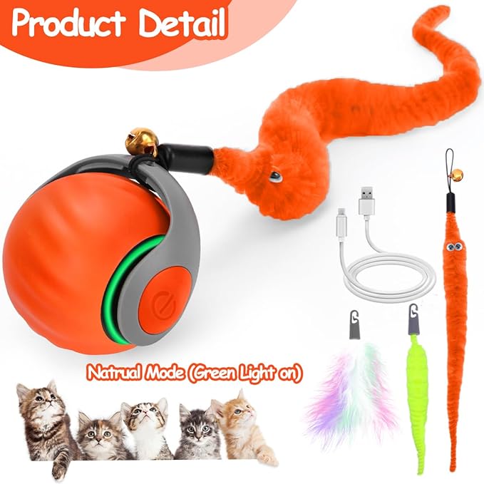 Interactive Cat Ball Toy, Self Rolling Ball with Cover Anti-Scratch for Bored Indoor Cat Chasing, Obstacle Avoidance Smart Cat Toys for Enrichment, Motion Activated Toys to Keep Them Busy (Orange)