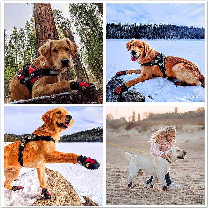 Dog Boots, Waterproof Dog Boots, Dog Rain Boots,Dog Booties with Reflective Rugged Anti-Slip Sole and Skid-Proof,Outdoor Dog Shoes for Medium to Large Dogs (Black-Red 4PCS).