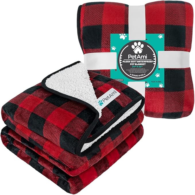 PetAmi Waterproof Dog Blanket Sherpa Fleece, Pet for Small Medium Dogs, Reversible Large Cat Throw Bed Couch Sofa Furniture Protector, Soft Plush Microfiber (Small 24x32, Check Red) Checkered Red