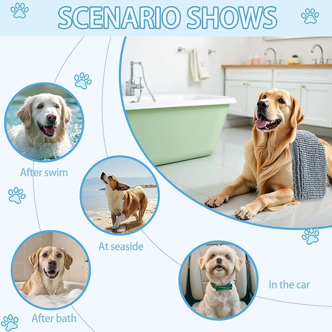 OLANLY Chenille Dog Bath Towel 31x13, Ultra Absorbent Quick Dry Pet Towel, Extra Soft Washable Plush Towel for Large Dogs & Puppies, Indoor Outdoor Use, Grey