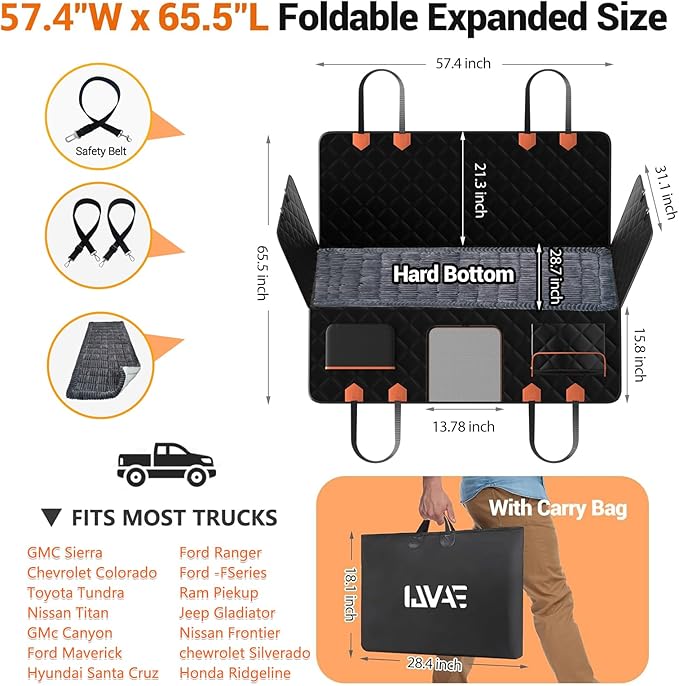 Hard Bottom Car Seat Cover for Dog swith Removable Soft Blankets,Scratch-Proof and Anti-Slip Car Dog Hammock for Large Dogs Brown for Crew Cab Trucks F150