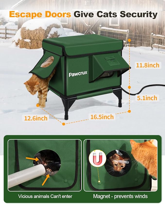 Weatherproof Heated Cat House for Outdoor in Winter, Heated Cat Bed Kitty Shelter with Cat Heating Pad, Insulated & Safe Escape Door, Warm House for Outside Stray Cat(Green, 12"x16"x16")