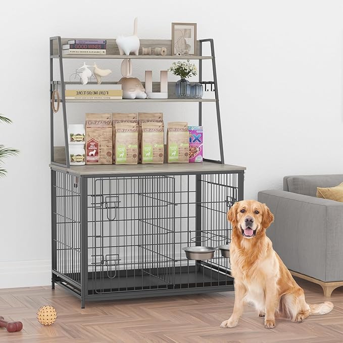 57 Inch Dog Crate Furniture with Storage - Large Dog Cage with Double Door,Dog House Kennel Indoor with Two 7" Dog Bowls,37.4"×24.4"×57.1",Grey