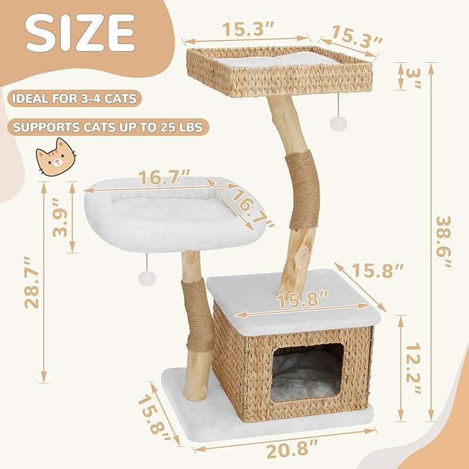 Modern Cat Tree Tower for Indoor Cats - Multi-Level Solid Wood Cat Condo w/Caves, 2 Large Perches, Scratching Posts, Hanging Toy for Large Cats Adult - Luxury Boho Pet Furniture