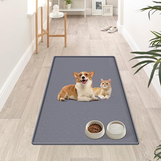 Dog Food Mat, Extra Large 34" x 22" Silicone Pet Feeding Mat with Raised Edge Pet Placemat for Small, Medium, and Large Pets Non-Slip, Easy to Clean (Dark Grey)